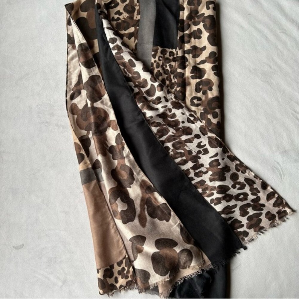 Animal Print Scarf ~ Brown Black Gray ~ Soft Fringe ~ Brand New - Picture 3 of 10